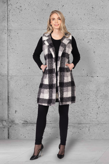 Boucle Plaid Open Front Long Vest in Black combo