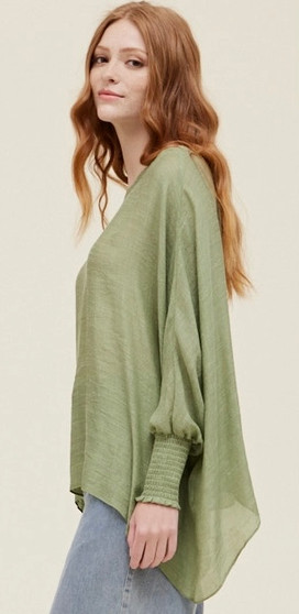 Shear Oversized Blouse with Smocked Sleeves in Soft Green