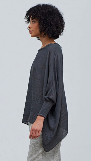 Shear Oversized Blouse with Smocked Sleeves in Soft Charcoal