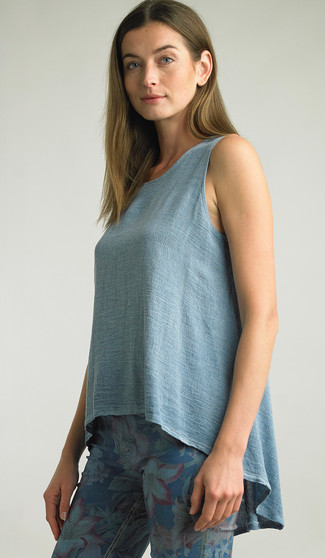Tempo Paris Italian Linen Sleeveless High Low Top in Blue