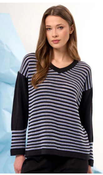 French Kyss V-Neck Textured Waeve Striped Sweater in Navy