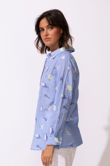 Escape by Habitat Cotton Textured Long Sleeve Shirt with Fish Pattern 