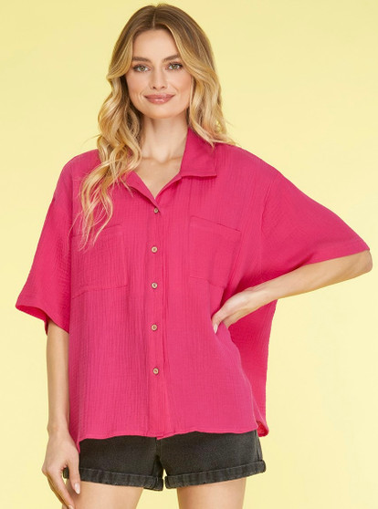 She + Sky Short Sleeve Cotton Gauze Shirt in Pink