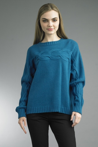 Tempo Paris Crewneck Sweater with Exaggerated Cable Design in Teal