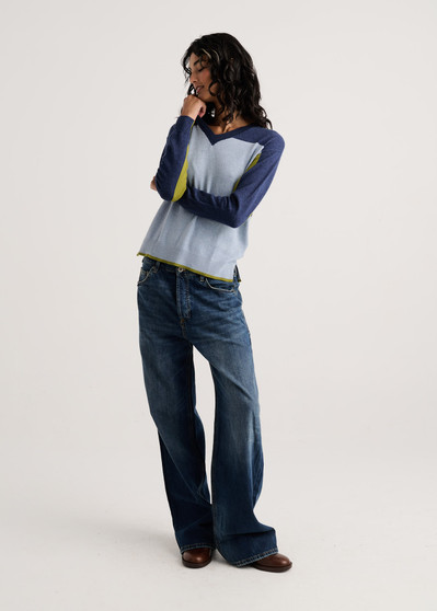 Zaget + Plover Cotton Cashmere V-Neck Striped Sweater in Blue/Olive Combo