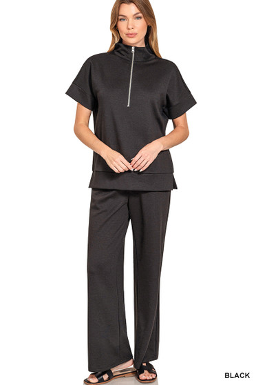 Zip Up Half Sleeve Scuba Pullover in Black