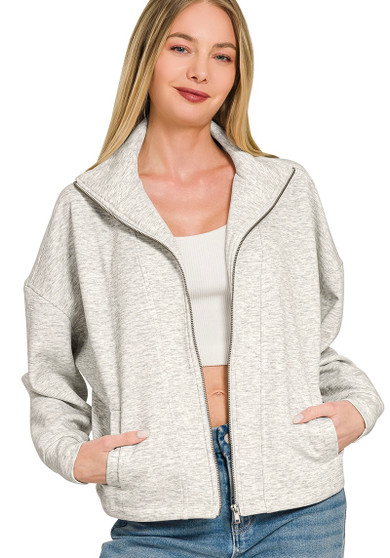 High Neck Zip Up Scuba Jacket in Heather Gray 
