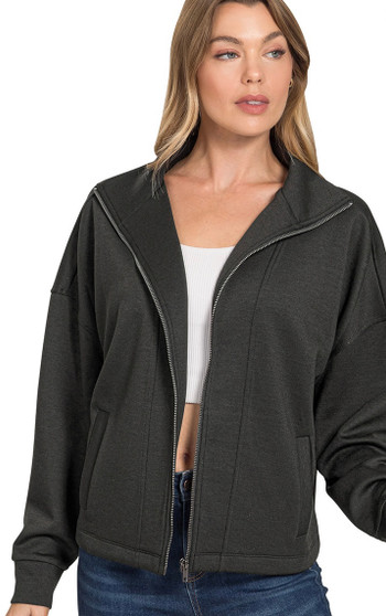 High Neck Zip Up Scuba Jacket in Black