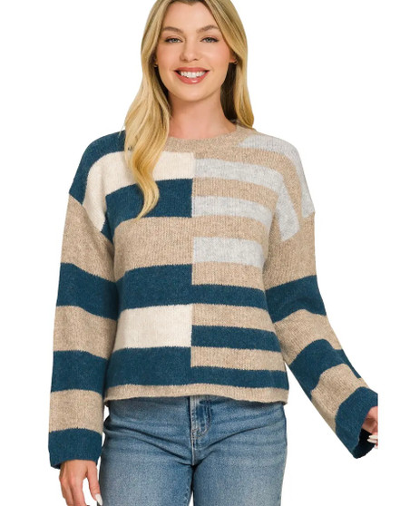 Colorblock Stripe Crop Sweater in Teal Combo