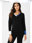 French Kyss V-Neck Mixed Cable Sweater in Denim/Black