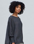 Shear Oversized Blouse with Smocked Sleeves in Soft Charcoal