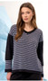 French Kyss V-Neck Textured Waeve Striped Sweater in Navy