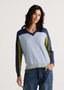 Zaget + Plover Cotton Cashmere V-Neck Striped Sweater in Blue/Olive Combo