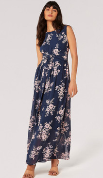 Apricot UK Botanical Print Chiffon Maxi Dress in Navy and Lilac