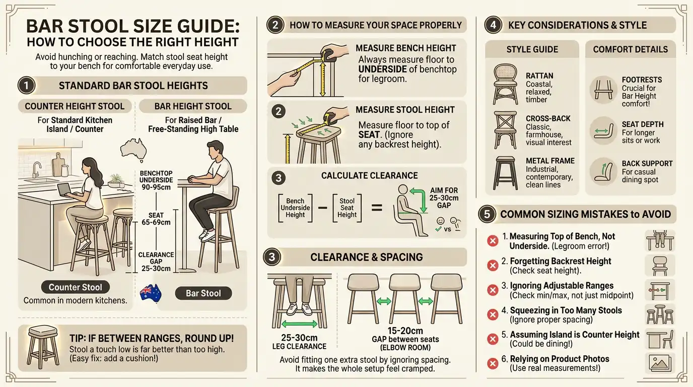 Bar stool height guide showing standard counter and bar stool heights, how to measure bench and stool height correctly, clearance and spacing between stools, a style guide for rattan, cross-back and metal frame stools, and common sizing mistakes to avoid.