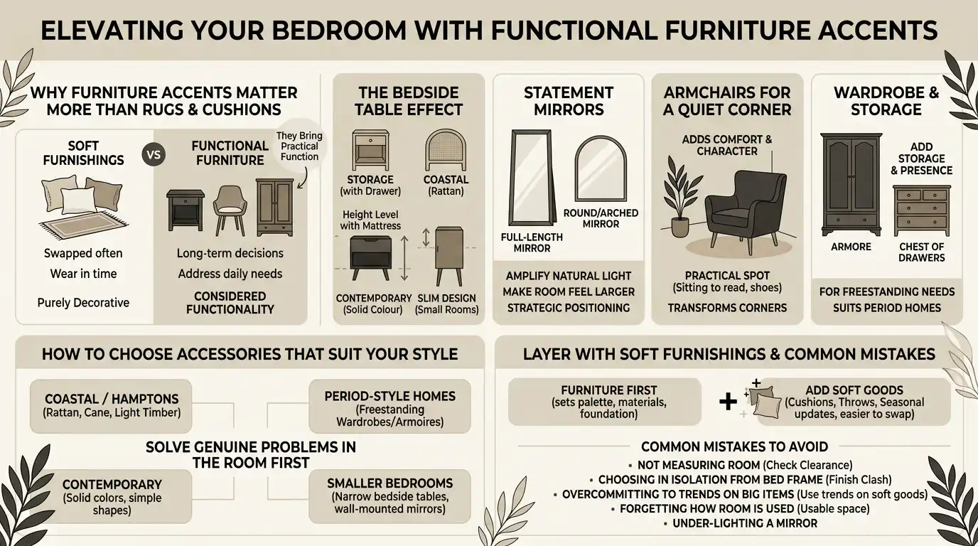 Bedroom accessories ideas infographic showing furniture accents versus soft furnishings, including bedside table storage and height tips, statement mirror placement, an armchair for a quiet corner, wardrobe and chest of drawers storage, styling by room type, and common mistakes to avoid.