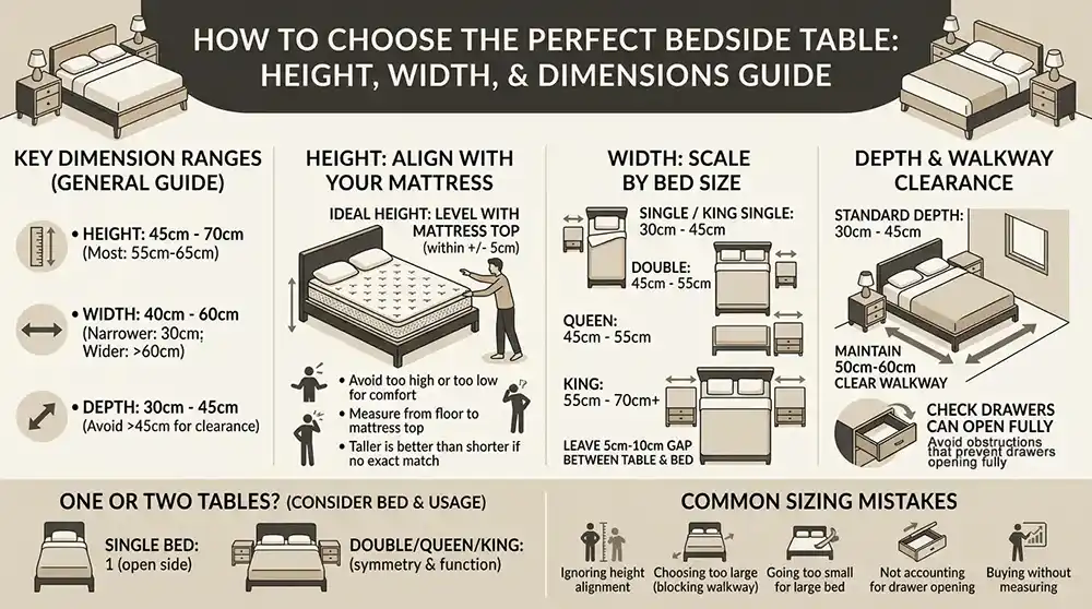Bedside table height guide infographic: key dimension ranges for height, width and depth, matching height to your mattress, width by bed size, depth and walkway clearance, one or two tables guidance, and common bedside table sizing mistakes to avoid.