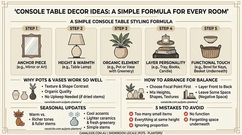 Console table decor ideas infographic: a 5-step styling formula (anchor, height, organic element, layered personality, functional touch), why pots and vases work well, how to arrange for balance, seasonal updates and 5 common mistakes to avoid.