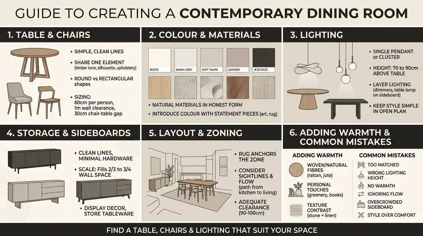 Infographic guide to creating a contemporary dining room, covering six areas: table and chair selection with sizing guidelines (60cm per person, 1m wall clearance, 30cm chair-to-table gap); a restrained colour and material palette of white, warm grey, soft taupe, leather and dark timber; pendant lighting hung 70 to 90cm above the table with layered light sources; sideboard storage scaled to two thirds to three quarters of the wall width; layout and zoning with a rug, sightlines and 90 to 100cm clearance; and adding warmth through natural fibres, personal touches and texture contrast, alongside six common mistakes to avoid.