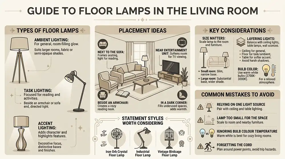 "Infographic guide to floor lamps in the living room, covering ambient, task and accent lighting types; placement ideas for beside the sofa, an armchair, entertainment unit and dark corners; key considerations for lamp size, layering with other lighting and warm white bulb colour (2700K-3000K); statement styles including iron orb crystal, industrial and vintage birdcage floor lamps; and common mistakes to avoid such as relying on one light source, undersized lamps, wrong bulb temperature and trailing cords.