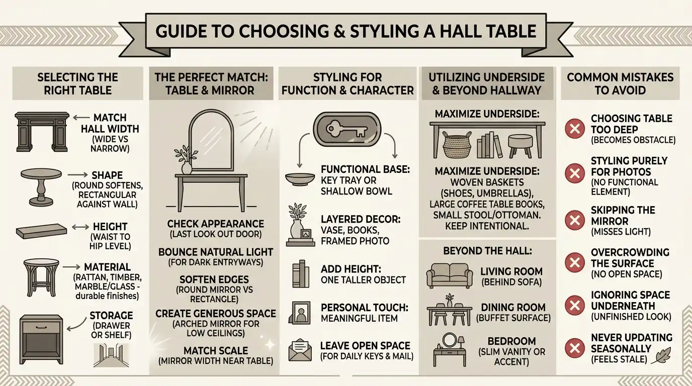 Hallway table decor ideas guide covering how to select a hall table by width, shape, height and material, pairing it with a mirror, styling the surface with functional and layered decor, using the underside space and beyond the hallway, and common mistakes to avoid.