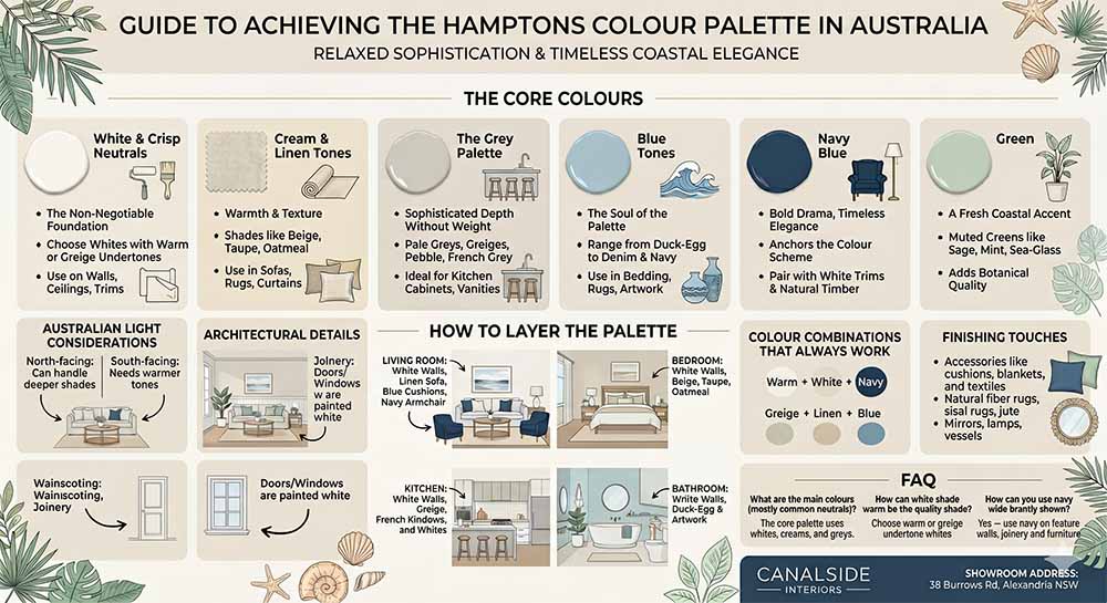 Infographic guide to achieving the Hamptons colour palette in Australia showing core colours including white, cream, grey, blue, navy and green with room by room layering tips, architectural details, colour combinations, and finishing touches