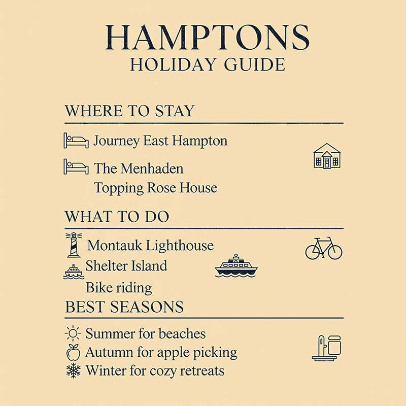 Hamptons Holiday Guide infographic showing where to stay (Journey East Hampton, The Menhaden, Topping Rose House), what to do (Montauk Lighthouse, Shelter Island, bike riding), and best seasons to visit (summer for beaches, autumn for apple picking, winter for cozy retreats). Dark navy icons on a warm beige background.