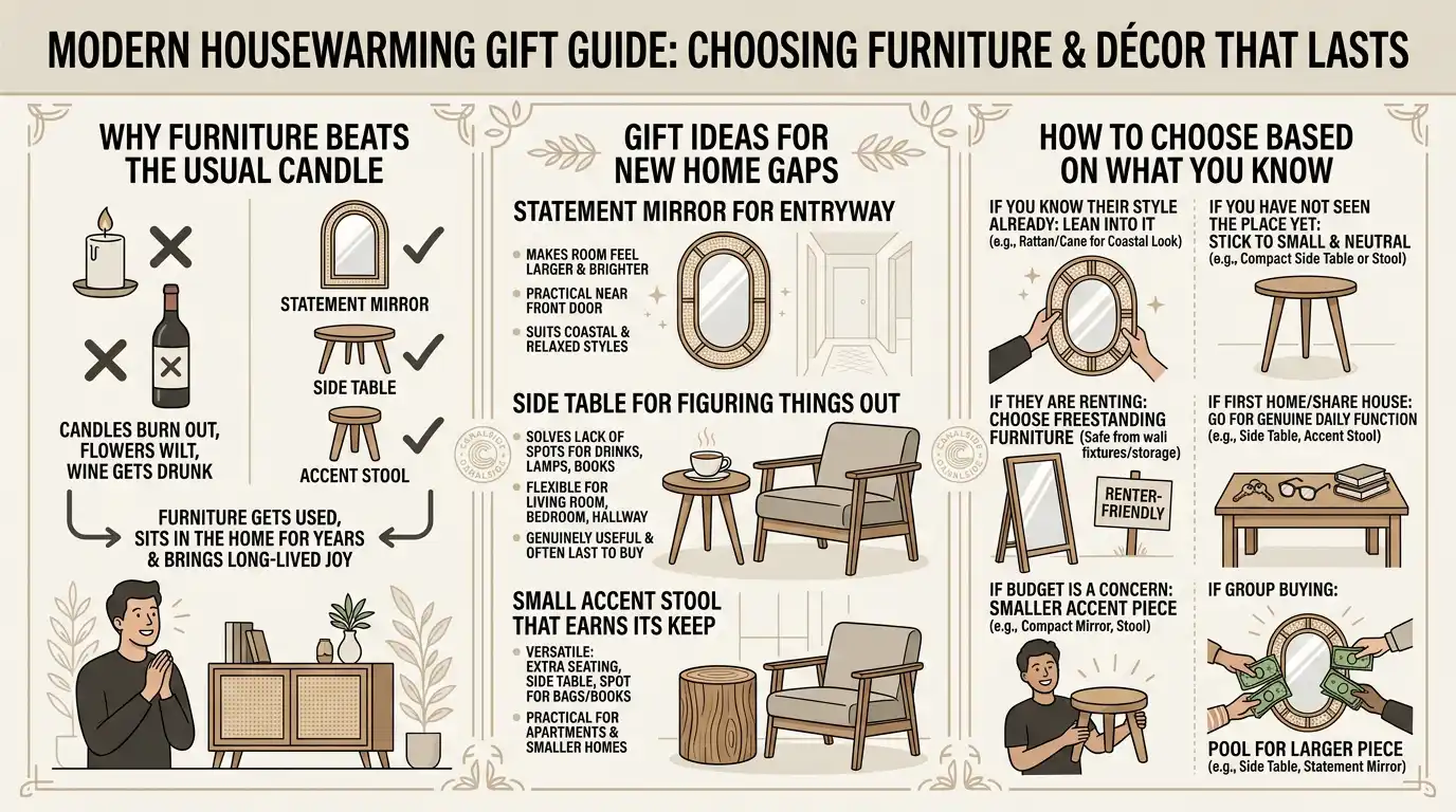 "Housewarming gift ideas infographic comparing consumable gifts like candles and wine to furniture pieces that last. Shows a statement mirror, side table and accent stool, plus how to choose based on the host's style, renting status, budget, and group buying.