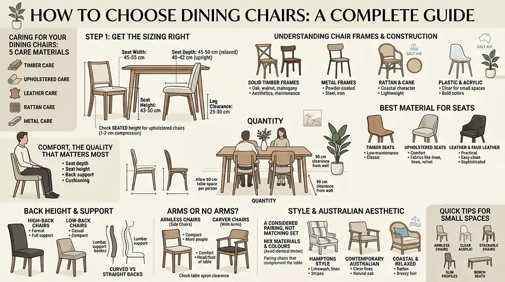 How to choose dining chairs infographic: sizing and seat measurements, chair frame materials, comfort factors, back height and support, arms versus armless, matching chairs to your table, style guide for Hamptons, contemporary and coastal Australian homes, small space tips, seating quantity guide, and dining chair care instructions.