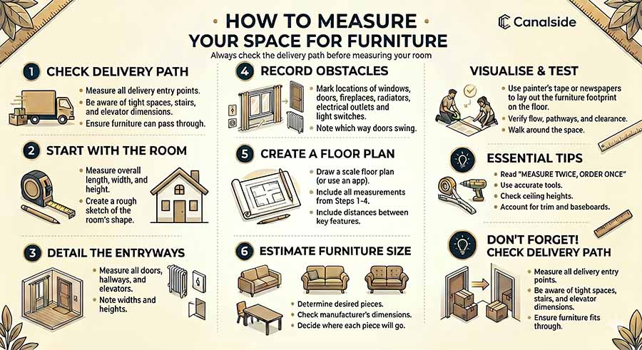 how to measure room for furniture infographic — Canalside Interiors