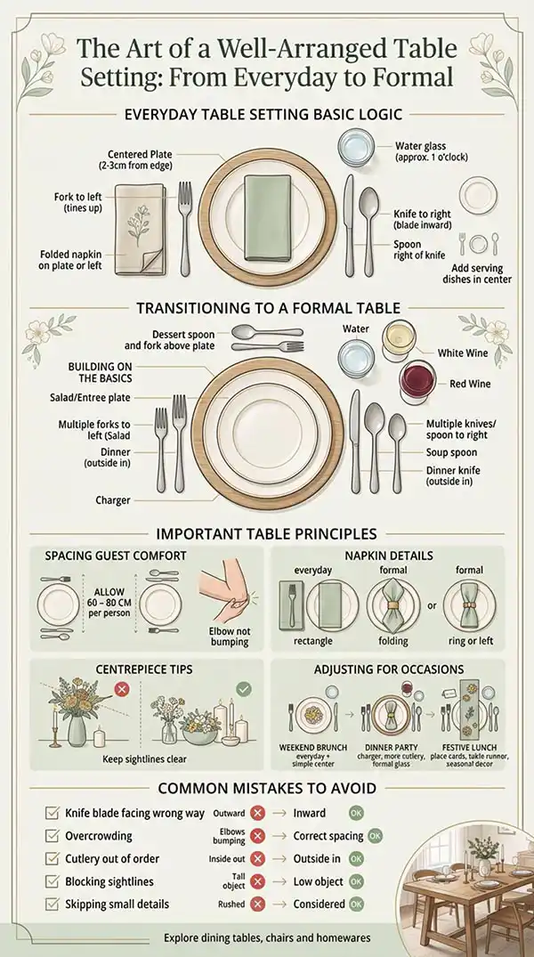 How to set a table setting: infographic comparing everyday and formal table settings, with guest spacing, napkin folding, centrepiece tips and common table setting mistakes to avoid.