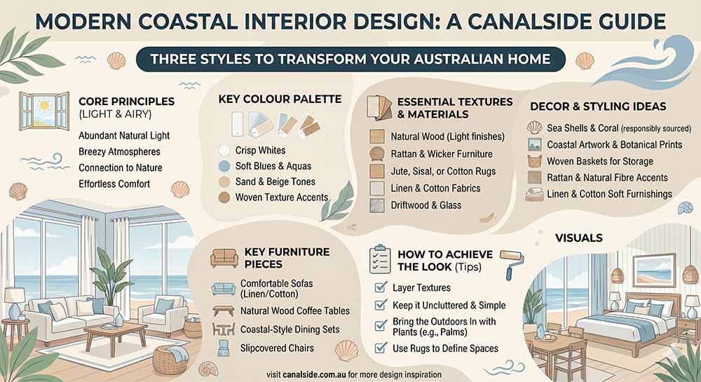 Modern coastal interior design infographic by Canalside Interiors showing core principles, key colour palette, essential textures and materials, key furniture pieces, d&eacute;cor and styling ideas, and tips on how to achieve the coastal look