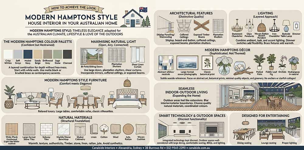 Modern Hamptons style house interior guide &mdash; colour palette, furniture, natural materials, architectural features, lighting and outdoor living | Canalside Interiors