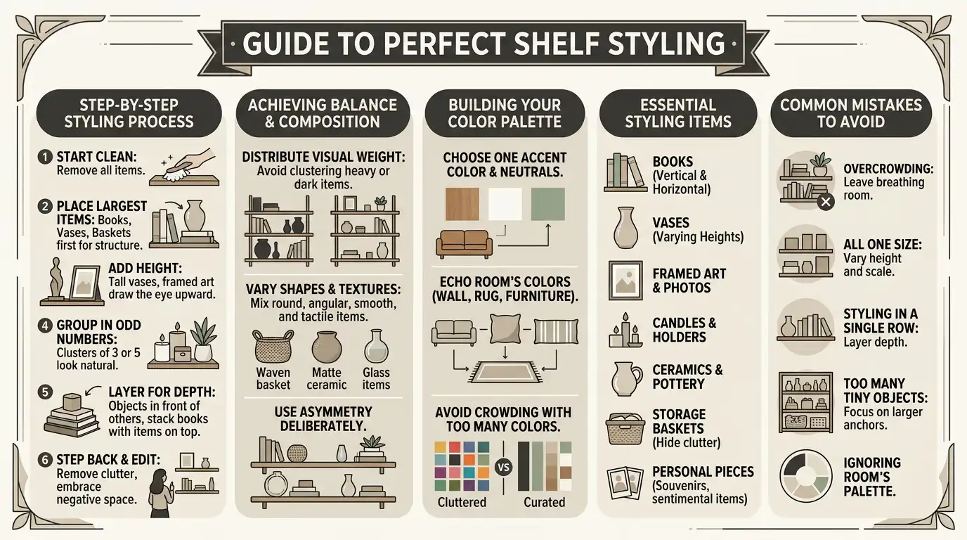 Infographic guide to shelf styling, covering the six-step process (start clean, place largest items, add height, group in odd numbers, layer for depth, step back and edit), tips for achieving balance and composition, building a colour palette, essential styling items like books and vases, and common mistakes to avoid such as overcrowding and styling in a single row.