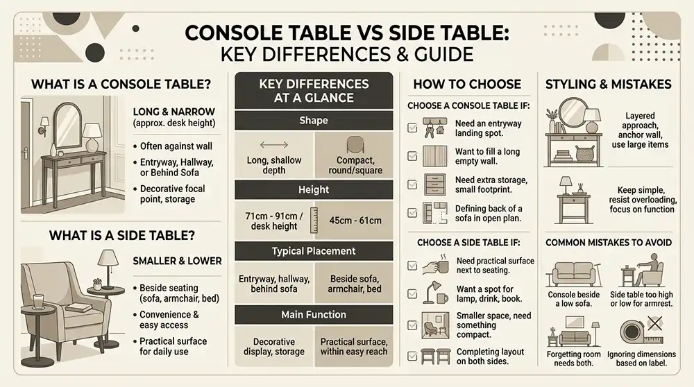 Console table vs side table infographic: what each table is, key differences in shape, height and placement, how to choose the right one, and styling and mistakes to avoid.