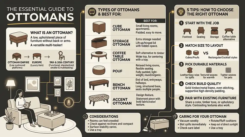 What is an ottoman: essential guide infographic covering the definition and history, six ottoman types (cube, storage, coffee table, pouf, bench, accent), five tips for choosing the right one, and how to style and care for an ottoman.