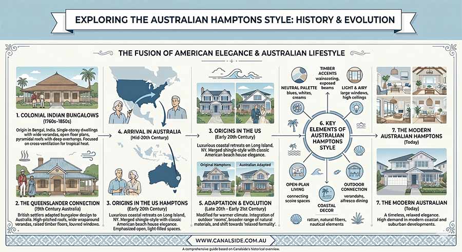 Infographic showing the 7-stage history and evolution of Australian Hamptons style &mdash; starting with Colonial Indian bungalows in Bengal in the 1760s, through the Australian Queenslander connection in the 19th century, the origins of Hamptons style on Long Island New York in the early 20th century, its arrival in Australian coastal suburbs in the mid-20th century, its adaptation and evolution for the warmer Australian climate, the six key design elements of Australian Hamptons style including neutral palettes, timber accents, open-plan living, outdoor connection and coastal decor, through to the modern Australian Hamptons of today. Published by Canalside Interiors, www.canalside.com.au