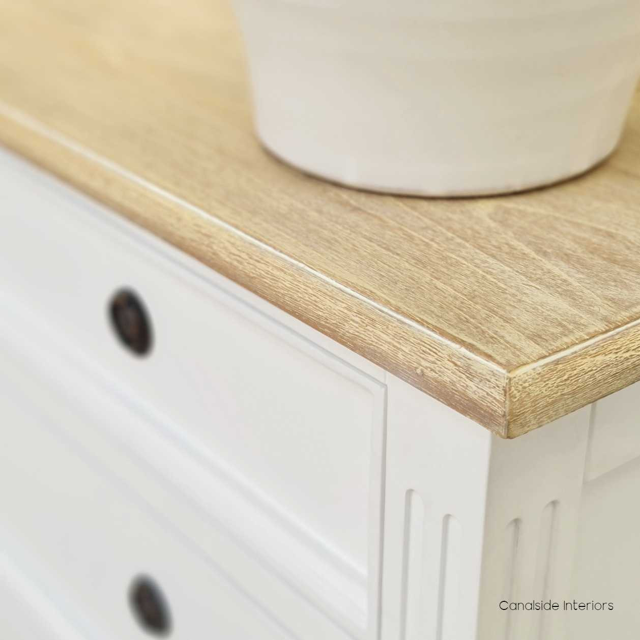 Close-up on the limewash top, emphasizing the texture and natural appeal that adds a unique touch to the piece.