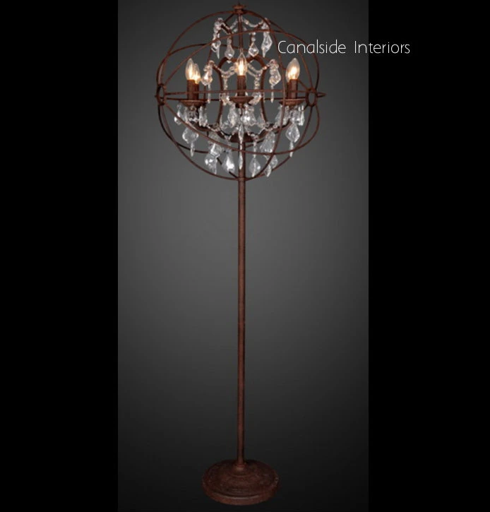 Craft a captivating ambiance in your bedroom with Canalside Interiors' Industrial Rust Floor Lamp, featuring a rust frame and sparkling crystals reminiscent of timeless Hamptons elegance