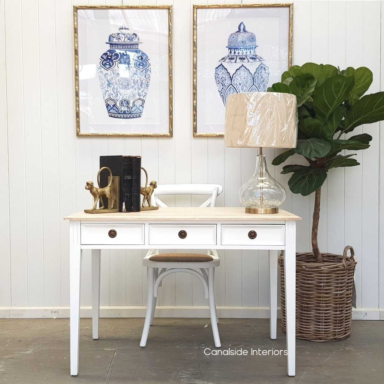 The desk/console styled as a sophisticated vanity in a bedroom, complementing both modern and classical interiors.