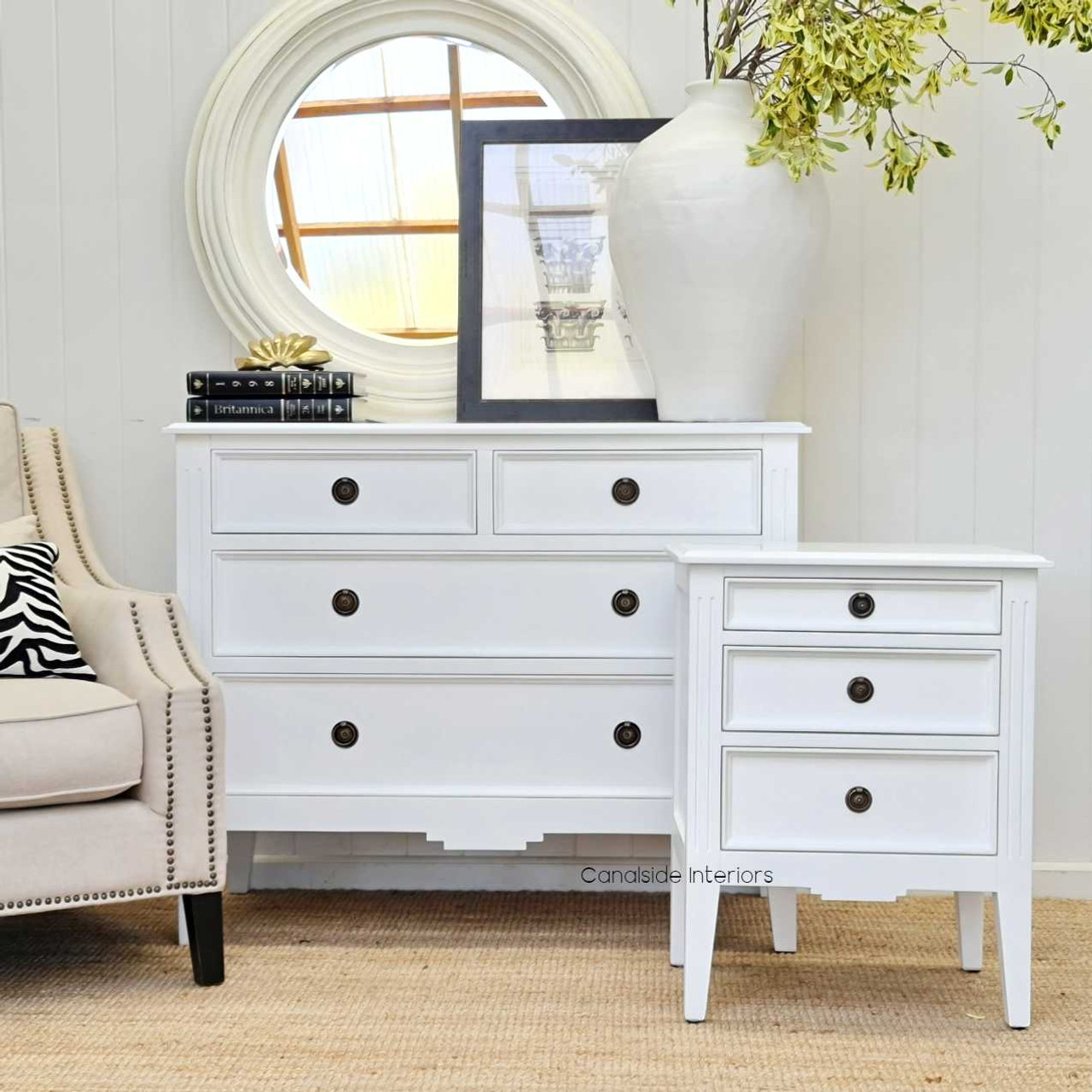 The Peninsula Bedside Table as a chic addition to a French country bedroom, enhancing the decor with its understated charm.
