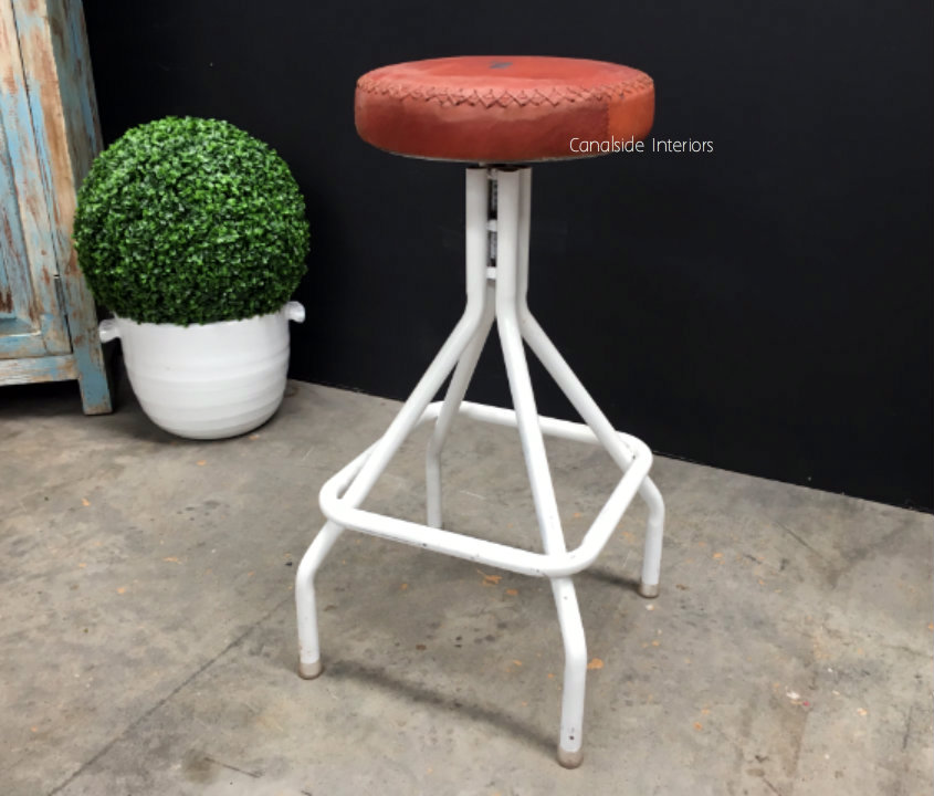 Sarah Industrial Stool Distressed White base with Leather Seat  INDUSTRIAL RUSTIC Style, CHAIRS, CAFE FURNITURE, CHAIRS Stools, CAFE FURNITURE Stools & Chairs