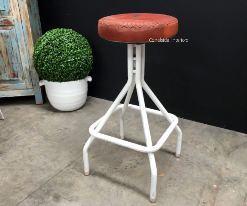 Sarah Industrial Stool Distressed White base with Leather Seat  INDUSTRIAL RUSTIC Style, CHAIRS, CAFE FURNITURE, CHAIRS Stools, CAFE FURNITURE Stools & Chairs