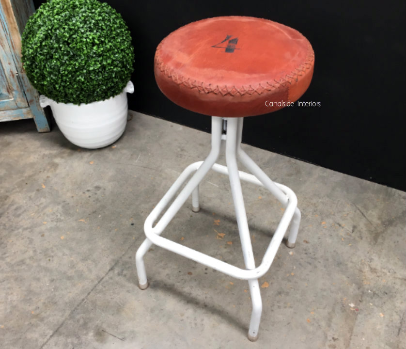 Sarah Industrial Stool Distressed White base with Leather Seat  INDUSTRIAL RUSTIC Style, CHAIRS, CAFE FURNITURE, CHAIRS Stools, CAFE FURNITURE Stools & Chairs