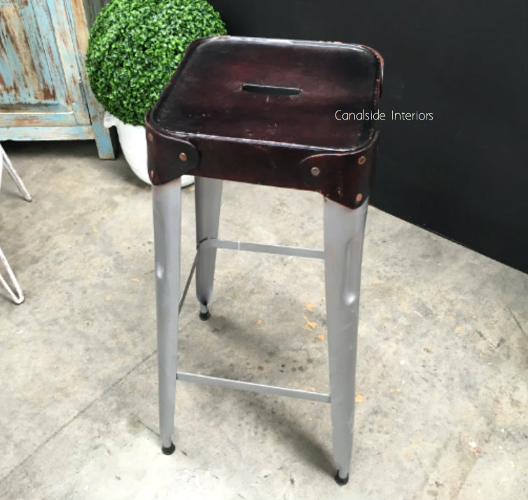 Pilot Industrial Metal Bar Stool with Leather Seat