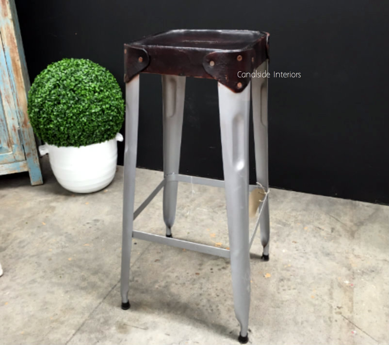 Pilot Industrial Metal Bar Stool with Leather Seat