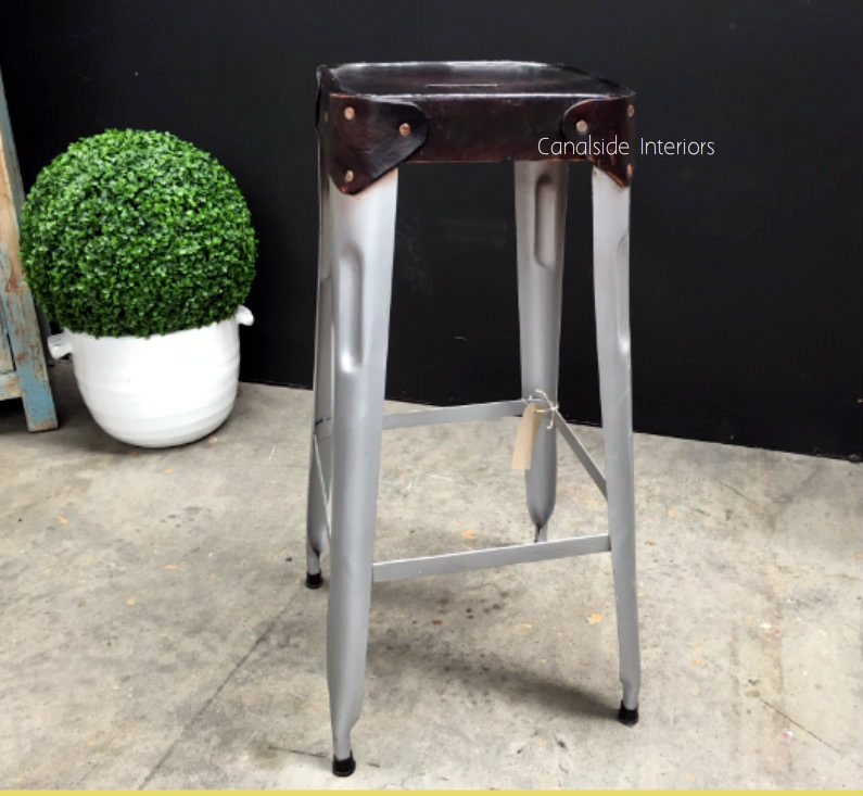 Pilot Industrial Metal Bar Stool with Leather Seat