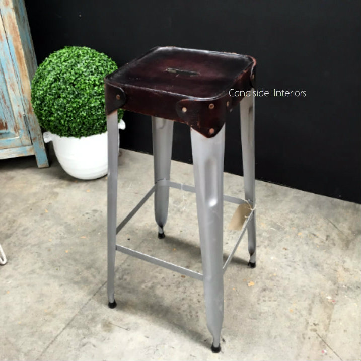 Pilot Industrial Metal Bar Stool with Leather Seat