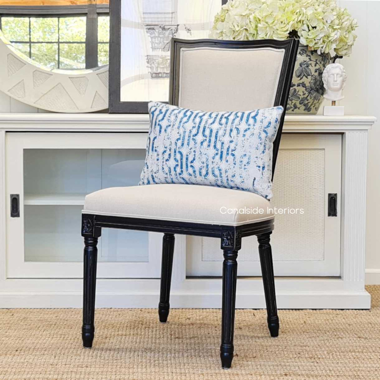 Classical Stark Dining Chair with a chic shaped back and soft cream fabric, a quality addition to any lounge room - Canalside Interiors