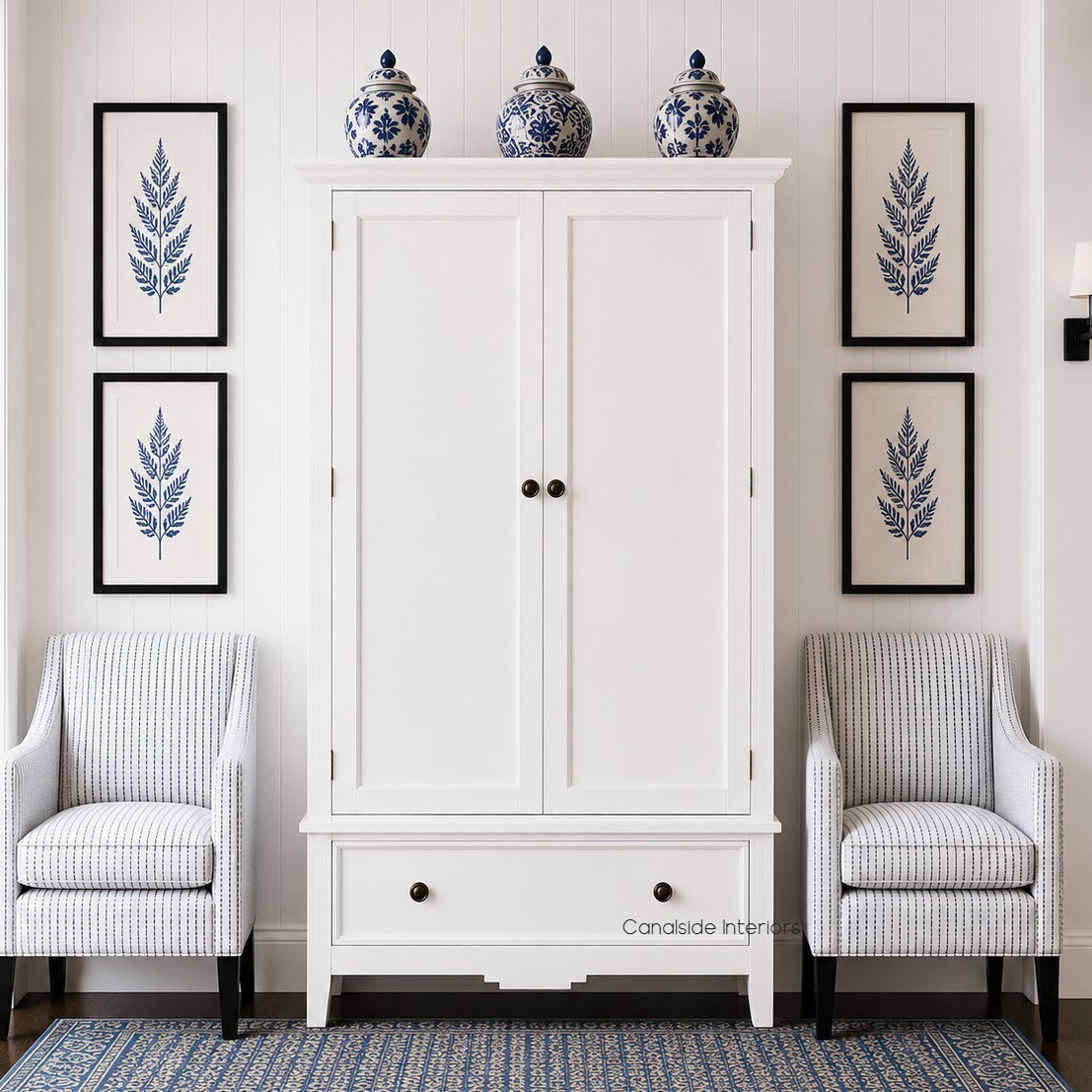 The Peninsula Wardrobe styled in a hamptons-themed home, enhancing the space with its timeless design and functional storage.